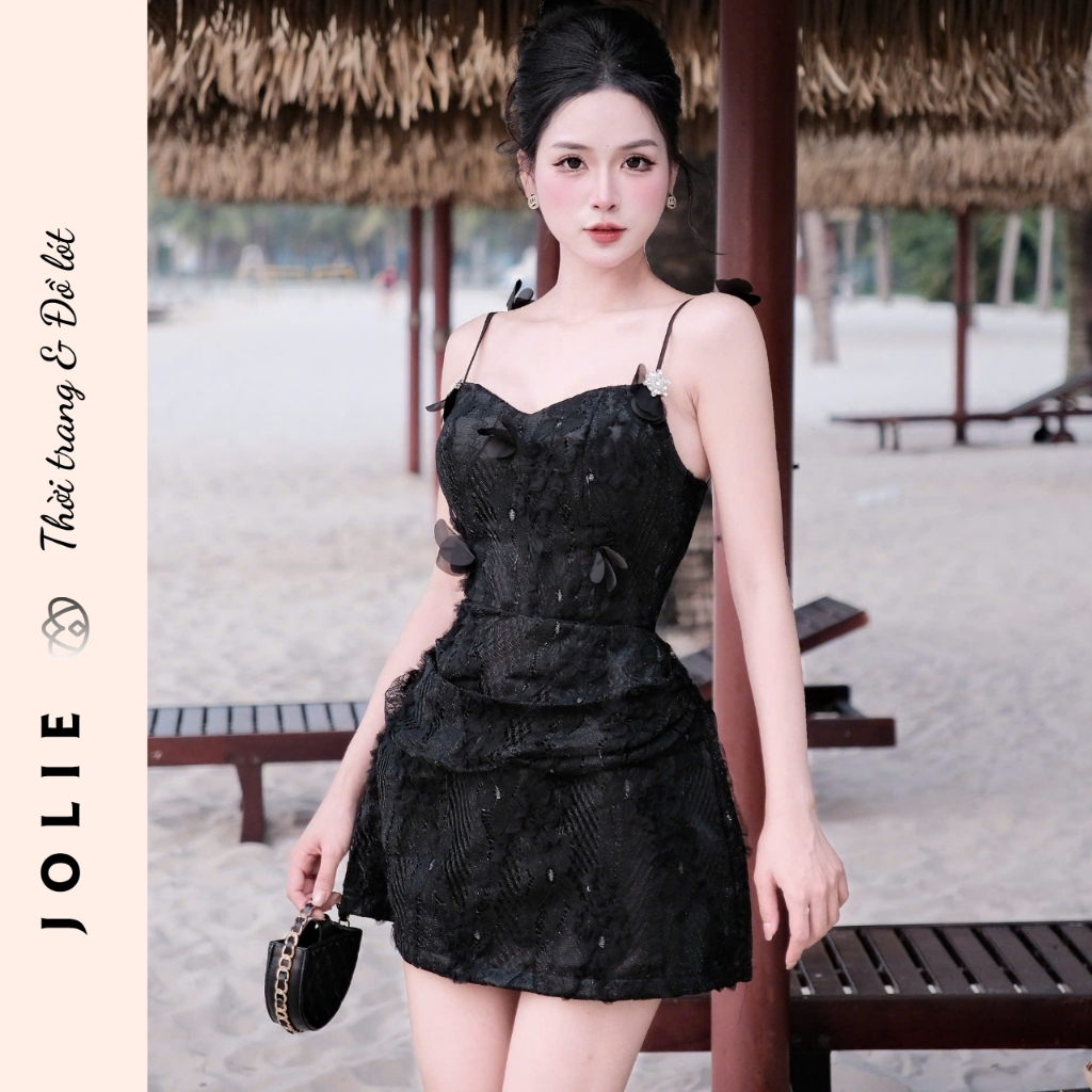 Váy Hai Dây Ren Hoa Nổi Đính Cánh Tiên Dáng Xòe Tiểu Thư Sang Trọng JOLIE Thiết Kế Dự Tiệc Cao Cấp