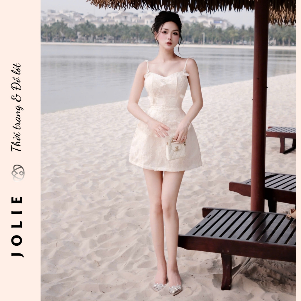 Váy Hai Dây Ren Hoa Nổi Đính Cánh Tiên Dáng Xòe Tiểu Thư Sang Trọng JOLIE Thiết Kế Dự Tiệc Cao Cấp