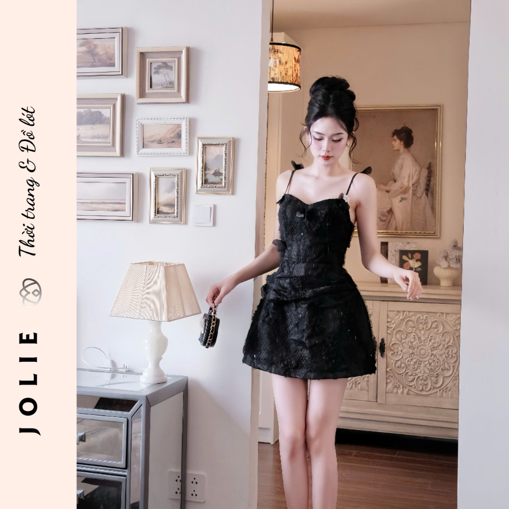 Váy Hai Dây Ren Hoa Nổi Đính Cánh Tiên Dáng Xòe Tiểu Thư Sang Trọng JOLIE Thiết Kế Dự Tiệc Cao Cấp
