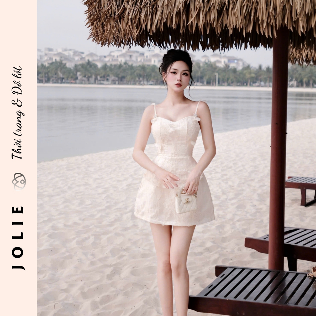 Váy Hai Dây Ren Hoa Nổi Đính Cánh Tiên Dáng Xòe Tiểu Thư Sang Trọng JOLIE Thiết Kế Dự Tiệc Cao Cấp