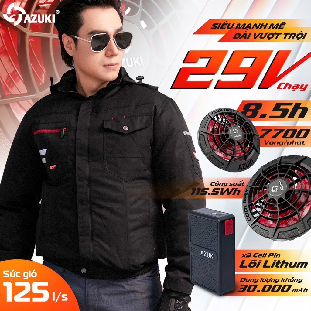 Áo Điều Hòa Chính Hãng AZUKI X11 Pro 29V - Siêu Quạt 7800 Vòng/Phút, Chạy MAX 8.5H Không Tụt Gió, Vải Coolmax Chống UV 9