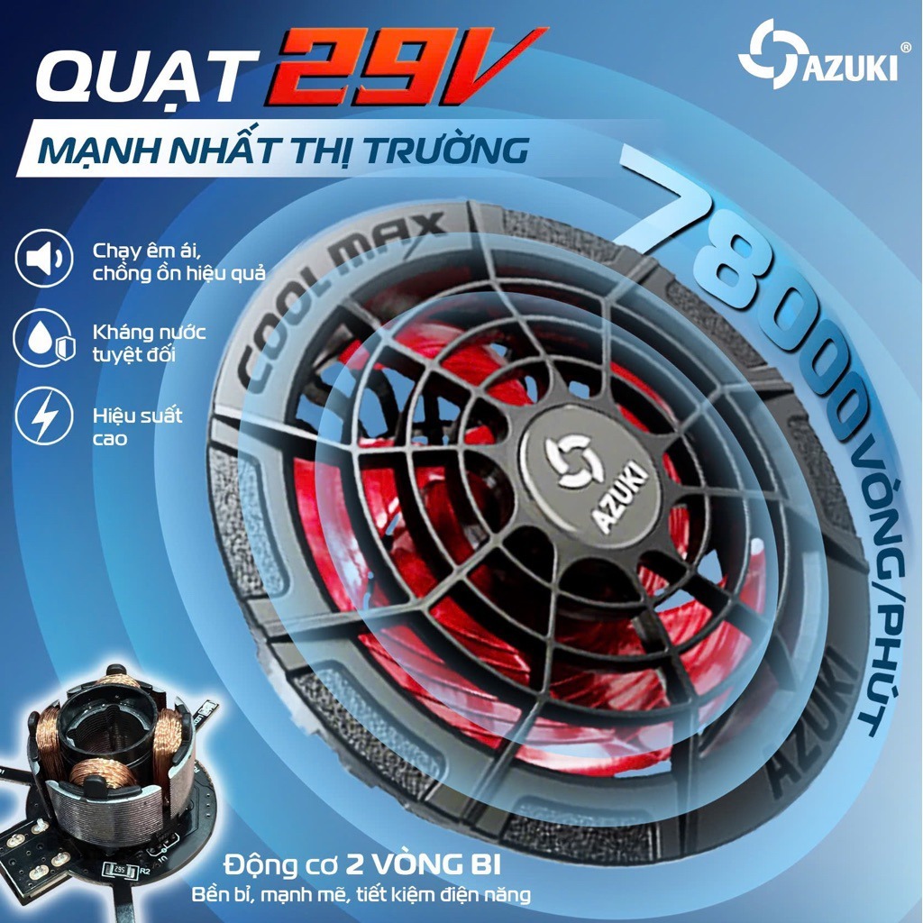 Áo Điều Hòa Chính Hãng AZUKI X11 Pro 29V - Siêu Quạt 7800 Vòng/Phút, Chạy MAX 8.5H Không Tụt Gió, Vải Coolmax Chống UV 9
