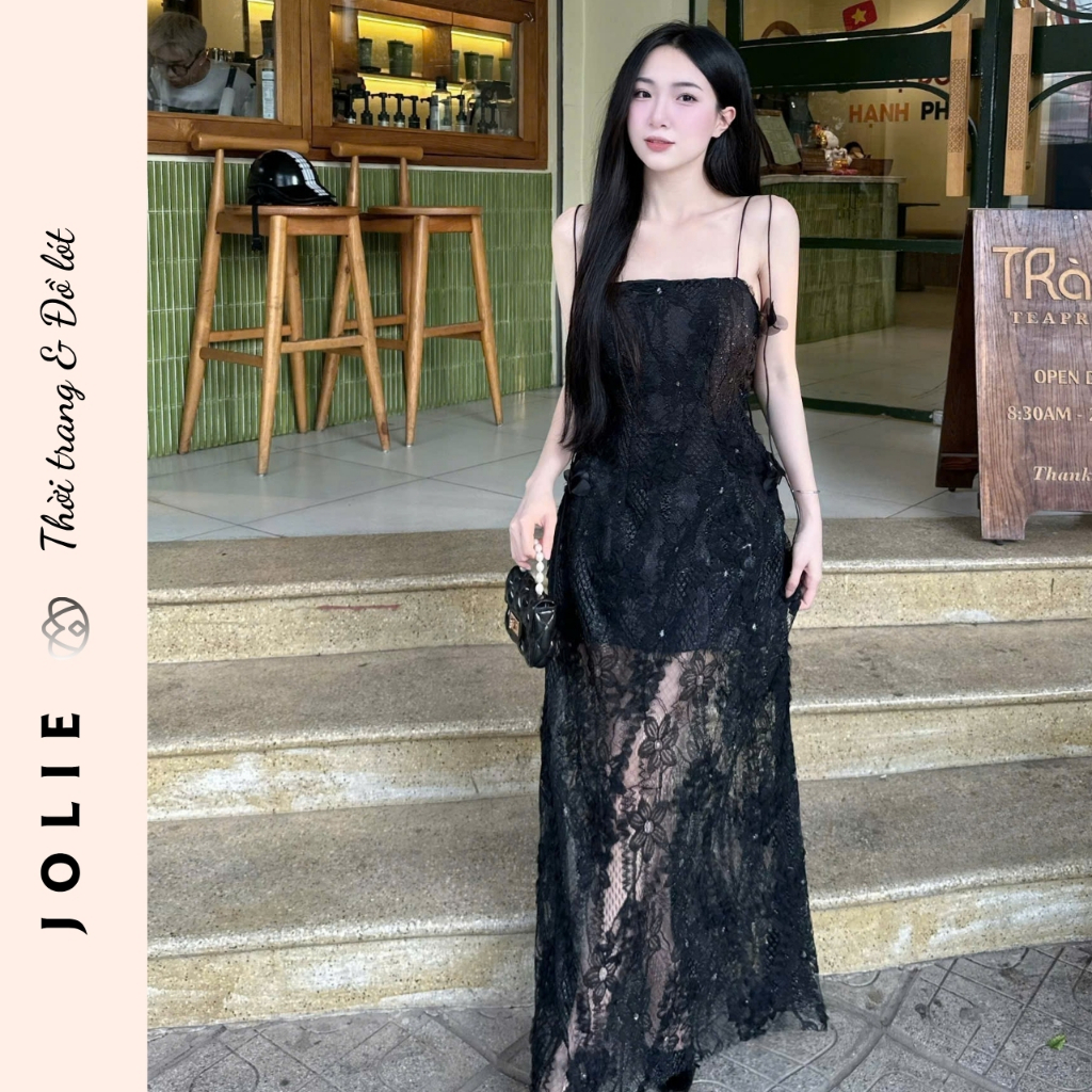 Váy Hai Dây Ren Hoa Phối Lưới Dáng Dài Xuyên Thấu Sang Chảnh JOLIE Thiết Kế Dự Tiệc Đi Biển Cao Cấp