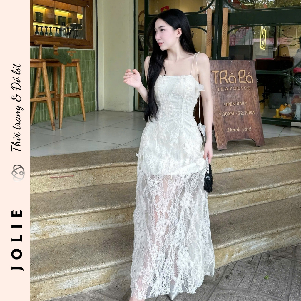 Váy Hai Dây Ren Hoa Phối Lưới Dáng Dài Xuyên Thấu Sang Chảnh JOLIE Thiết Kế Dự Tiệc Đi Biển Cao Cấp