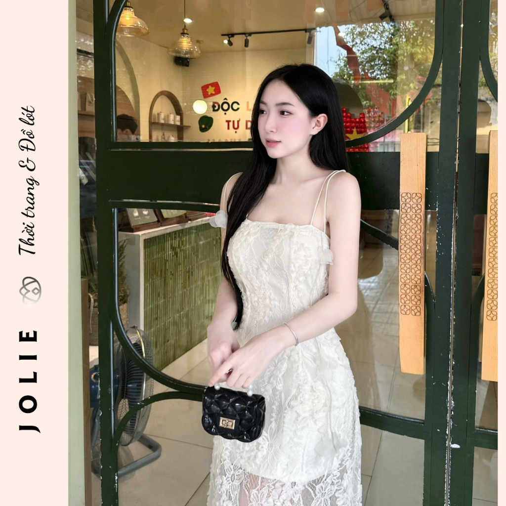 Váy Hai Dây Ren Hoa Phối Lưới Dáng Dài Xuyên Thấu Sang Chảnh JOLIE Thiết Kế Dự Tiệc Đi Biển Cao Cấp