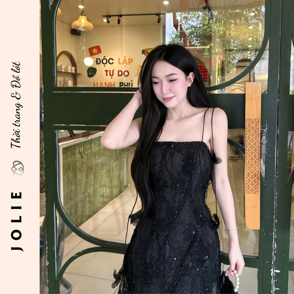 Váy Hai Dây Ren Hoa Phối Lưới Dáng Dài Xuyên Thấu Sang Chảnh JOLIE Thiết Kế Dự Tiệc Đi Biển Cao Cấp