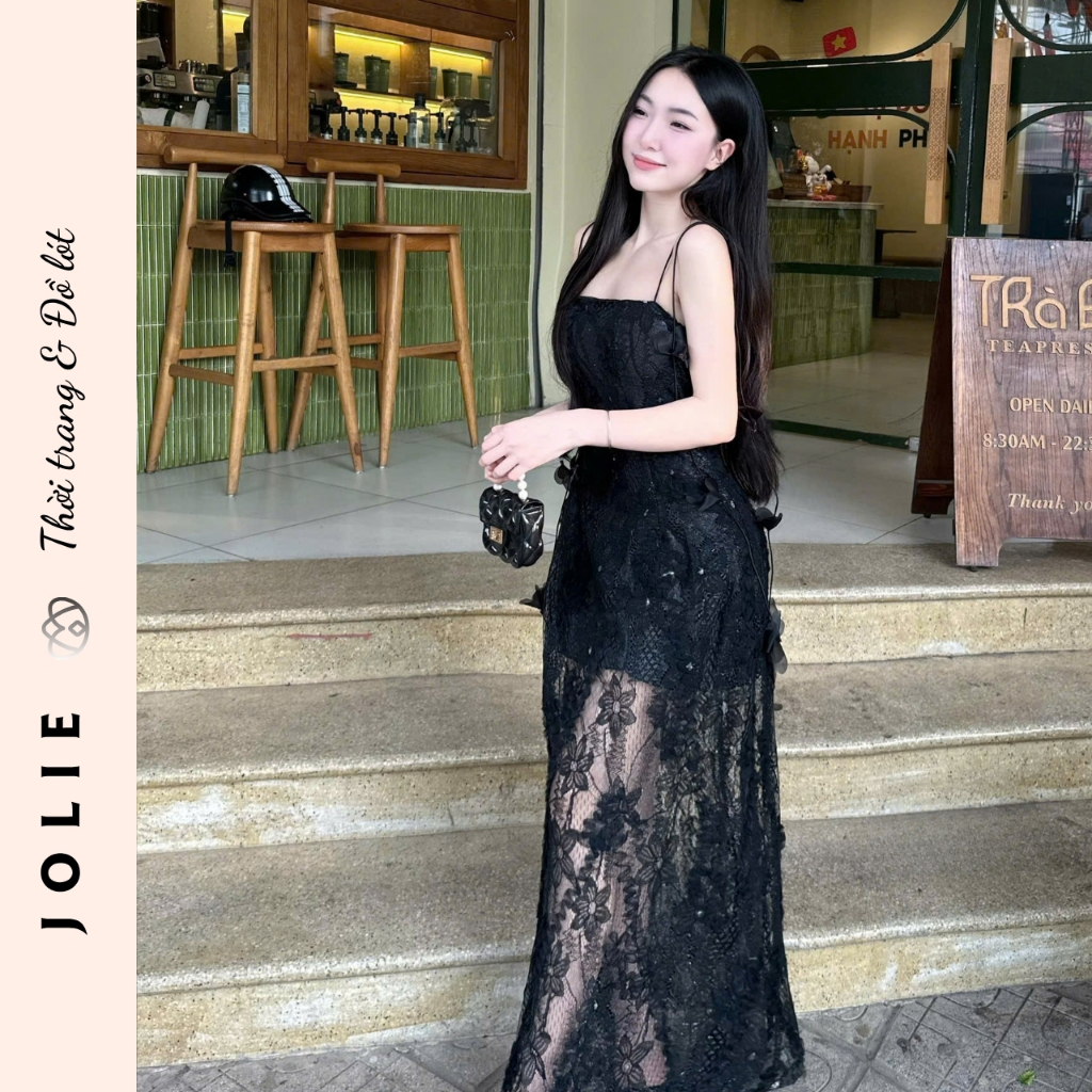 Váy Hai Dây Ren Hoa Phối Lưới Dáng Dài Xuyên Thấu Sang Chảnh JOLIE Thiết Kế Dự Tiệc Đi Biển Cao Cấp