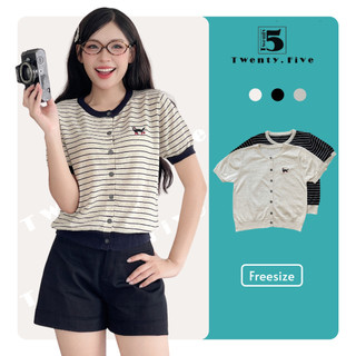 Áo Len Nữ Ngắn Tay Twentyfive Thêu Hình Mèo Dễ Thương, Áo Cardigan Nữ Cổ Viền Trẻ Trung, Cá Tính, Gấu Bo Tôn Dáng 6906