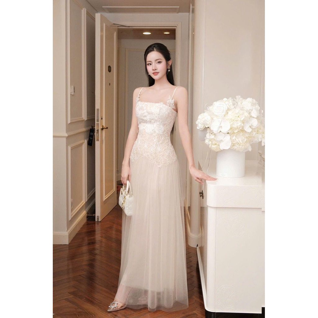 LASY Thời Trang Nữ| Đầm Dự Tiệc Ren Lưới 2 Dây Mảnh Form Maxi Dài Xoè Phong Cách Tiệc Tùng Tiểu Thư