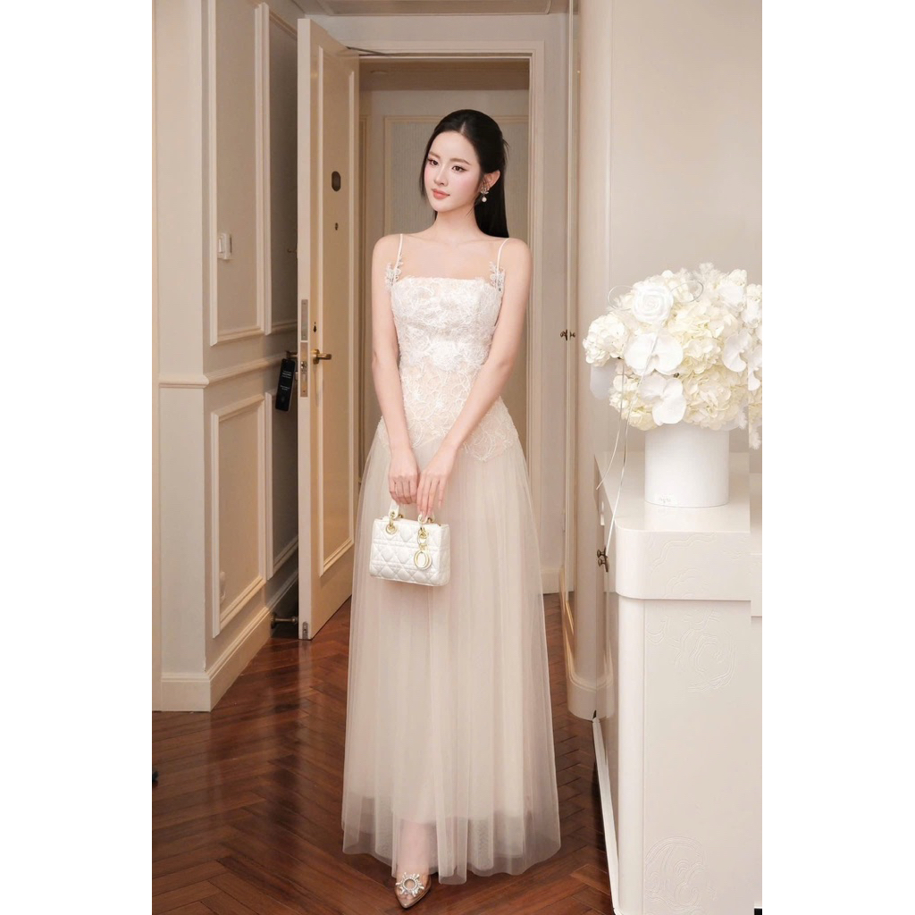 LASY Thời Trang Nữ| Đầm Dự Tiệc Ren Lưới 2 Dây Mảnh Form Maxi Dài Xoè Phong Cách Tiệc Tùng Tiểu Thư