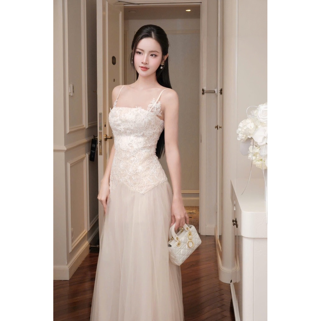 LASY Thời Trang Nữ| Đầm Dự Tiệc Ren Lưới 2 Dây Mảnh Form Maxi Dài Xoè Phong Cách Tiệc Tùng Tiểu Thư