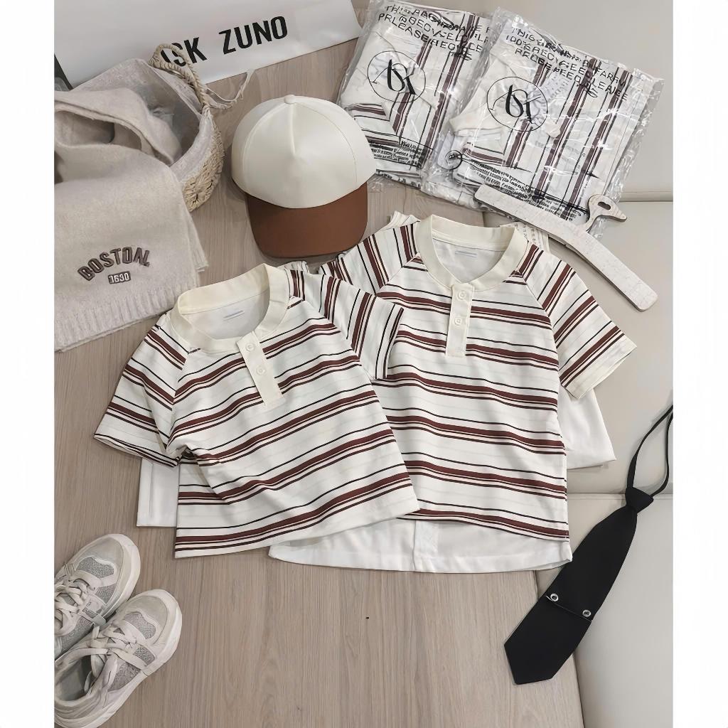 Bộ 3 chi tiết THÊU trên mũ, quần áo cổ tàu cộc tay họa tiết kẻ be thêu,chất áo cotton mềm mịn,thoáng mát cho bé đi học