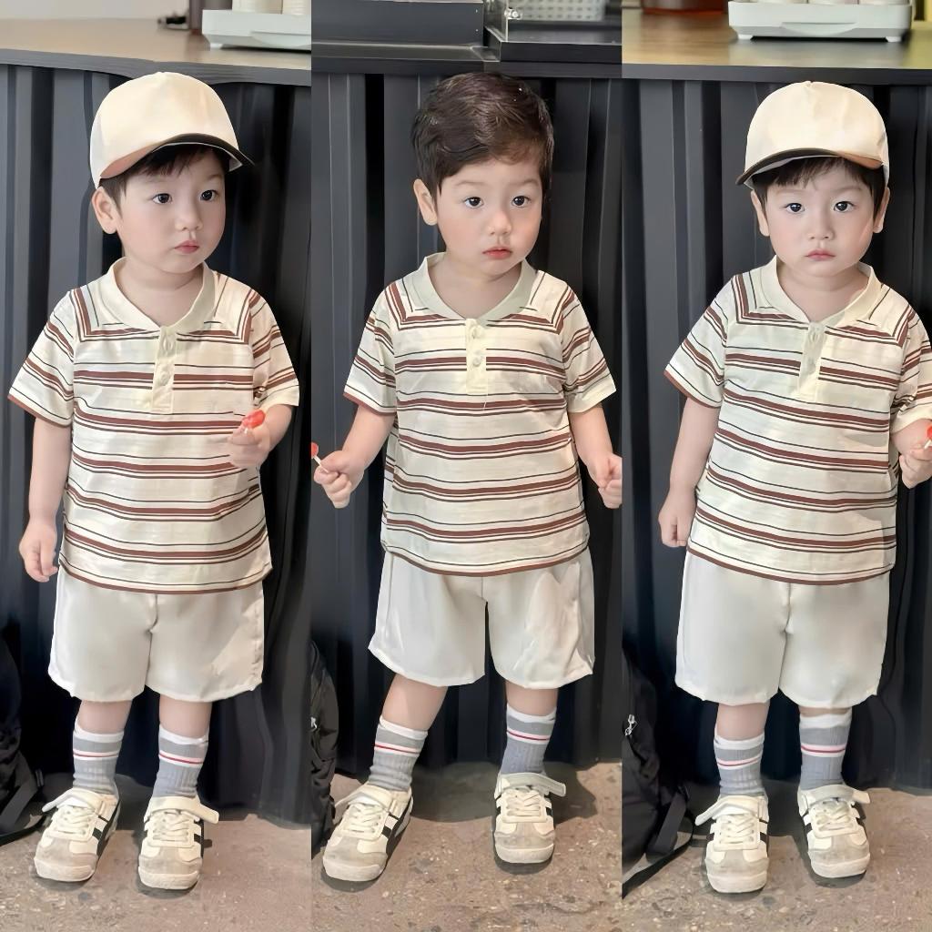 Bộ 3 chi tiết THÊU trên mũ, quần áo cổ tàu cộc tay họa tiết kẻ be thêu,chất áo cotton mềm mịn,thoáng mát cho bé đi học