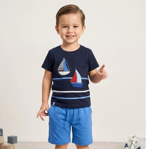 Bộ Cộc Bé Trai Thêu Họa Tiết Thuyền Buồm - Chất Cotton Mồ Hôi, Bé Thoải Mái Vận Động Cả Ngày