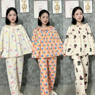 BỘ THUN TĂM IN HỌA TIẾT ÁO CỔ VIỀN BÈO TAY DÀI QUẦN SUÔNG CÓ 2 SIZE