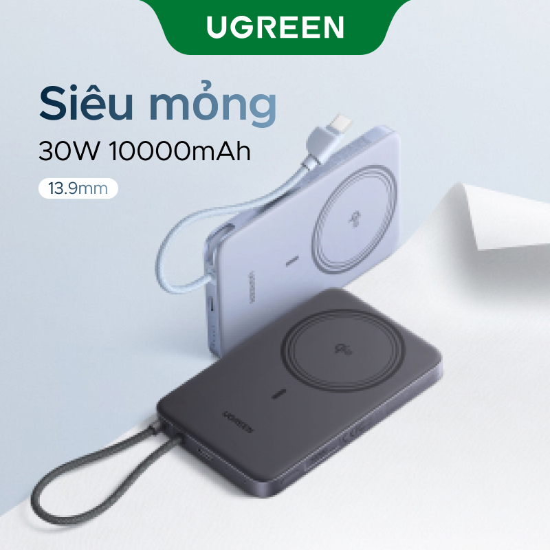 【10000mAh 30W+15W】UGREEN 10000mAh 15W Sạc từ tính Max Power Bank Xi măng hai vòng màu xám thích với iPhone 17 Series