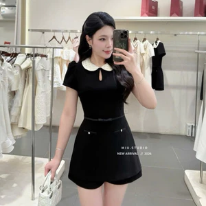 Jumpsuit tiểu thư tay ngắn phối cổ sen đính ngọc cao cấp, Jump giả váy dáng ngắn phối đai nơ style Hàn Quốc sang chảnh