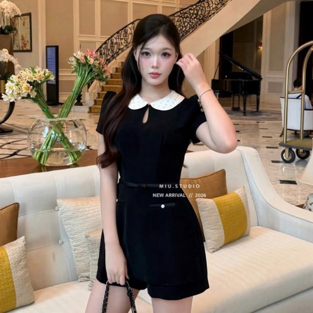 Jumpsuit tiểu thư tay ngắn phối cổ sen đính ngọc cao cấp, Jump giả váy dáng ngắn phối đai nơ style Hàn Quốc sang chảnh