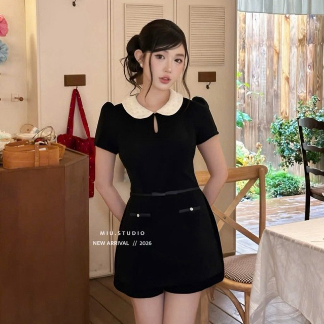 Jumpsuit tiểu thư tay ngắn phối cổ sen đính ngọc cao cấp, Jump giả váy dáng ngắn phối đai nơ style Hàn Quốc sang chảnh