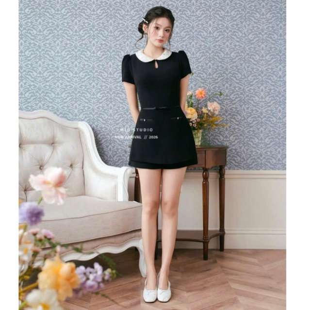 Jumpsuit tiểu thư tay ngắn phối cổ sen đính ngọc cao cấp, Jump giả váy dáng ngắn phối đai nơ style Hàn Quốc sang chảnh