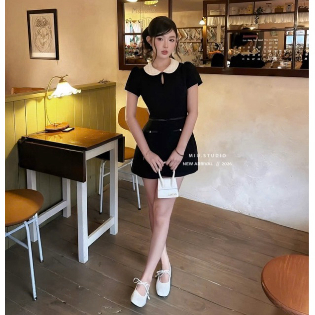 Jumpsuit tiểu thư tay ngắn phối cổ sen đính ngọc cao cấp, Jump giả váy dáng ngắn phối đai nơ style Hàn Quốc sang chảnh