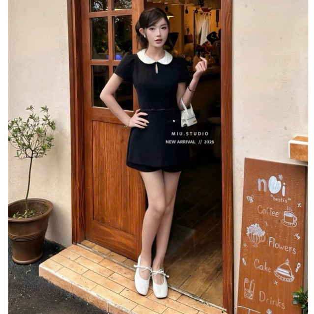 Jumpsuit tiểu thư tay ngắn phối cổ sen đính ngọc cao cấp, Jump giả váy dáng ngắn phối đai nơ style Hàn Quốc sang chảnh