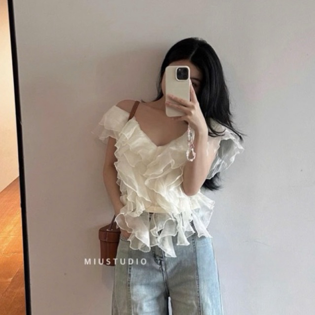 Áo voan tơ trễ vai cổ V phối bèo nhún tầng bồng bềnh sang chảnh, Áo kiểu nữ thiết kế dáng croptop 2 màu mix đồ cực xinh