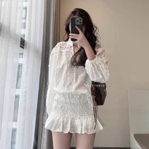 Set thô boi ren hoa cao cấp , Set Áo kiểu nữ cổ V tay bồng phối ren cao cấp kèm chân váy bo chun tiểu thư sang chảnh