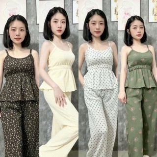 Sét Bộ Dây Bo Chun Eo Quần Ống Suôn Chất Đũi Xốp