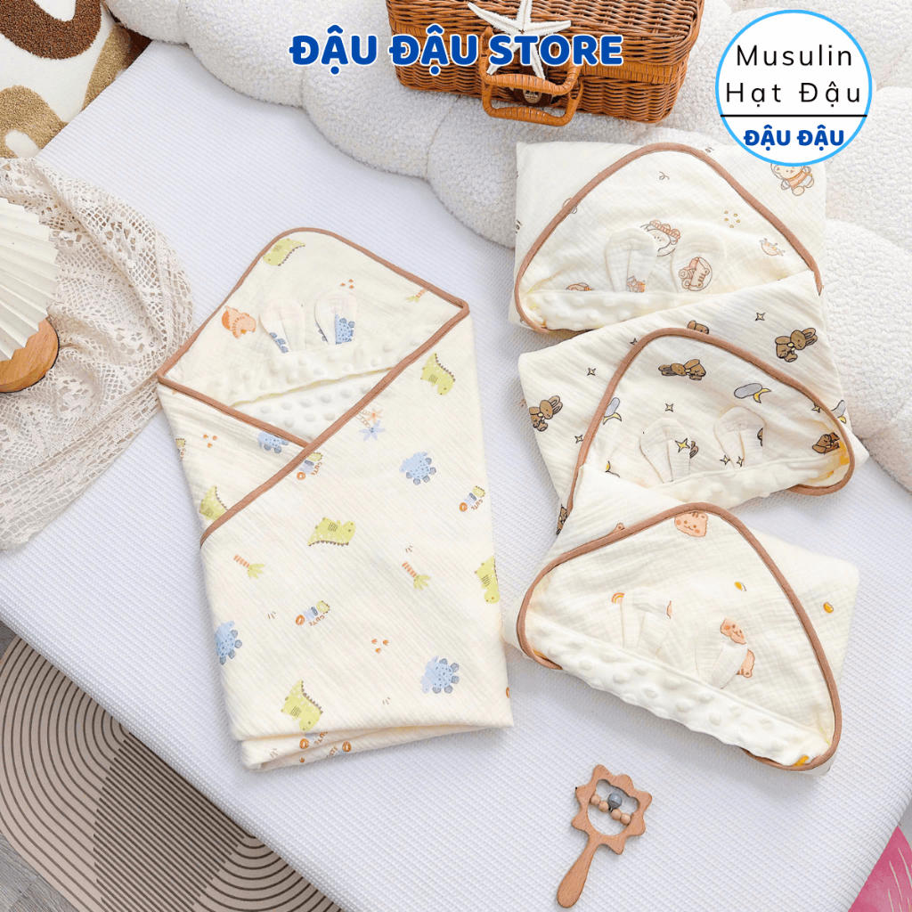 Chăn Ủ Choàng Hạt Đậu Xô Musulin 75x75cm Kết Hợp Vải Nhung Bi Cao Cấp, Mềm Mại, Thấm Hút Cho Bé Sơ Sinh - Đậu Đậu Store