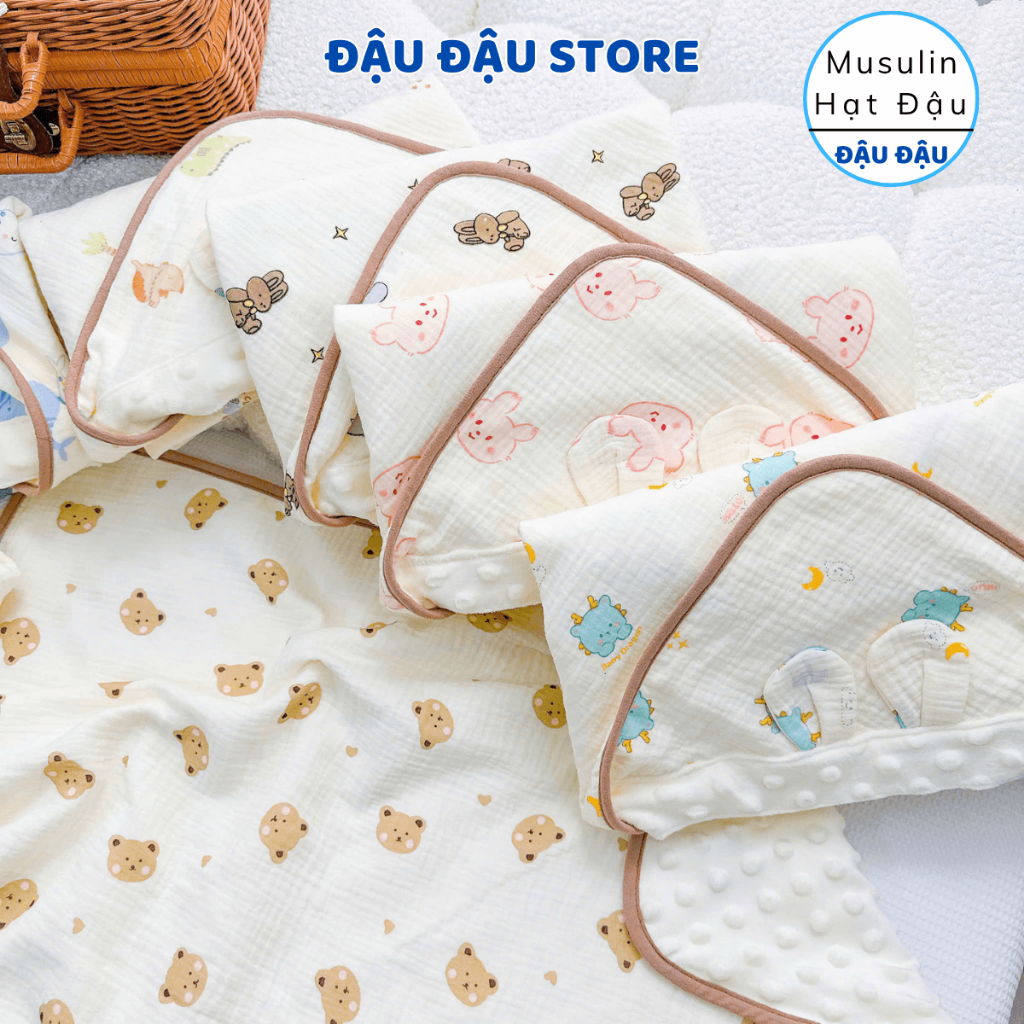 Chăn Ủ Choàng Hạt Đậu Xô Musulin 75x75cm Kết Hợp Vải Nhung Bi Cao Cấp, Mềm Mại, Thấm Hút Cho Bé Sơ Sinh - Đậu Đậu Store
