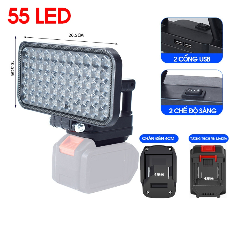 Đèn LED Siêu Sáng Sử Dụng Pin Makita 55 LED Với 2 Chế Độ Sáng, Có Cổng Sạc Điện Thoại USB Hot
