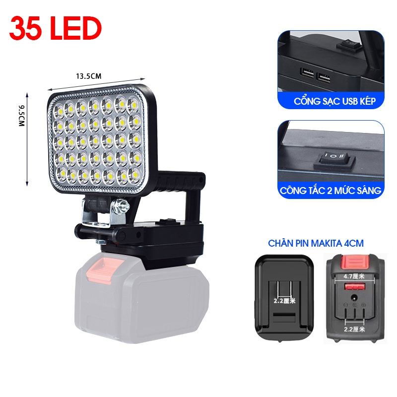 Đèn LED Siêu Sáng Sử Dụng Pin Makita 55 LED Với 2 Chế Độ Sáng, Có Cổng Sạc Điện Thoại USB Hot