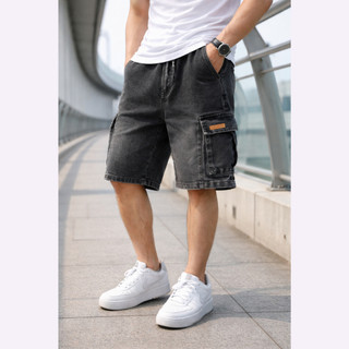 Quần Short Jean Nam 45-80Kg Ống Rộng Túi Hộp Wash Đen Co Giãn Nhẹ Năng Động | J90