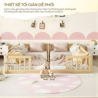 Giường Đôi Cho Bé Lucki Thanh Rào Chắn Gỗ Thông Mới 100%, Giường ngủ cho bé Sinh Đôi Ngủ Riêng với Bố Mẹ từ 1 - 3 tuổi