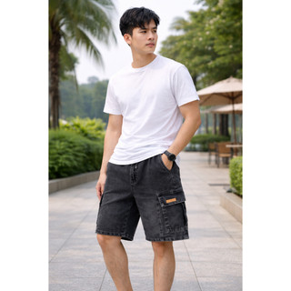 Quần Short Jean Nam 45-80Kg Ống Rộng Túi Hộp Wash Đen Co Giãn Nhẹ Năng Động | J90