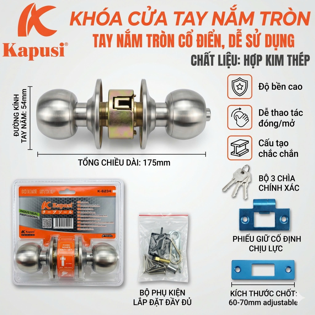 Khóa Tay Nắm Tròn KAPUSI K6233 Cò Dài / K6234 Cò Ngắn - Khóa Cửa Gỗ, Cửa Sắt, Cửa Phòng 3 Chìa