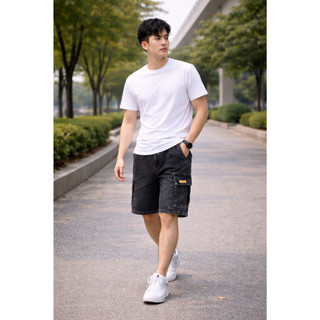 Quần Short Jean Nam 45-80Kg Ống Rộng Túi Hộp Wash Đen Co Giãn Nhẹ Năng Động | J90
