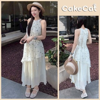 Váy Maxi Dài Cổ Yếm Chất Voan Tơ Họa Tiết Bướm Thắt Nơ Eo Vải Xốp Vintage Đi Biển Mùa Hè - Cakecat
