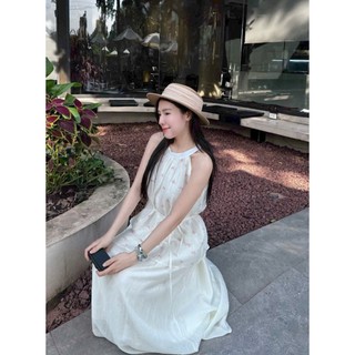 Váy Maxi Dài Cổ Yếm Chất Voan Tơ Họa Tiết Bướm Thắt Nơ Eo Vải Xốp Vintage Đi Biển Mùa Hè - Cakecat