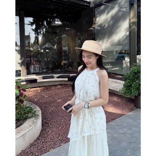 Váy Maxi Dài Cổ Yếm Chất Voan Tơ Họa Tiết Bướm Thắt Nơ Eo Vải Xốp Vintage Đi Biển Mùa Hè - Cakecat
