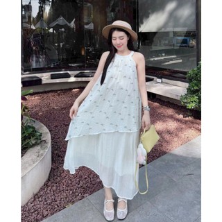 Váy Maxi Dài Cổ Yếm Chất Voan Tơ Họa Tiết Bướm Thắt Nơ Eo Vải Xốp Vintage Đi Biển Mùa Hè - Cakecat