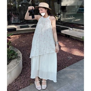 Váy Maxi Dài Cổ Yếm Chất Voan Tơ Họa Tiết Bướm Thắt Nơ Eo Vải Xốp Vintage Đi Biển Mùa Hè - Cakecat