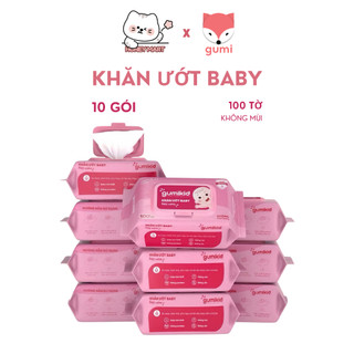 (Kid) Thùng 10 gói khăn ướt GUMI 100 tờ chính hãnġ không chứa cồn, khống mùi an toàn cho mẹ và bé