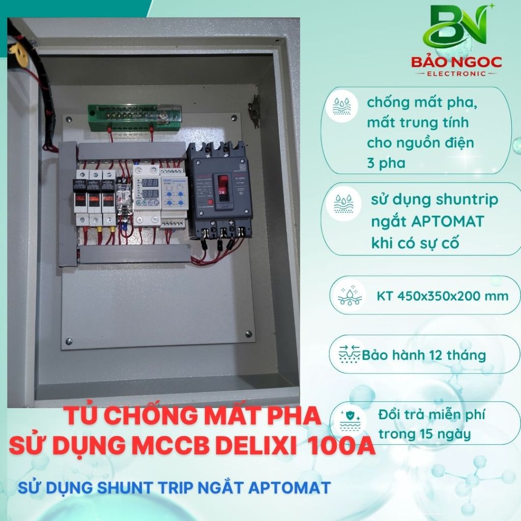 Tủ điện 3 pha 65A-100A bảo vệ mất pha, trung tính, chống chập quá tải, cao áp thấp áp bằng Shunt trip hoặc KHỞI ĐỘNG TỪ