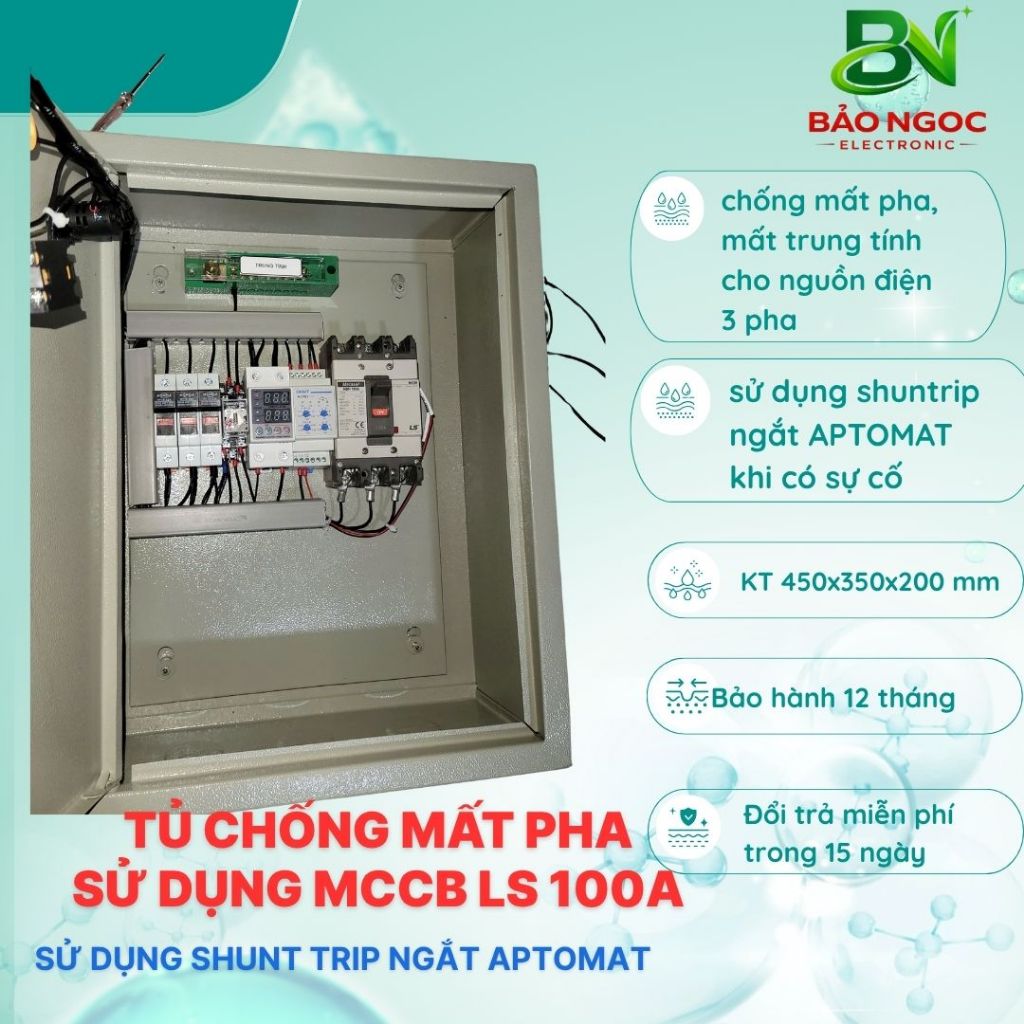 Tủ điện 3 pha 65A-100A bảo vệ mất pha, trung tính, chống chập quá tải, cao áp thấp áp bằng Shunt trip hoặc KHỞI ĐỘNG TỪ