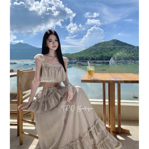 Set áo croptop viền ren cánh tiên chân váy maxi bèo
