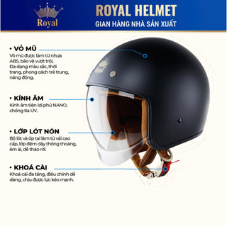 [ MÀU ĐEN NHÁM ] Mũ Bảo Hiểm 3/4 Royal M139 Trơn Kính Âm Chính Hãng, Chống Chói, Chống UV