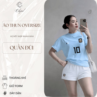Bộ Áo Thun Nữ CHEPOL Form Rộng, Cổ Tròn, Phối Chân Váy, In Số 10, Chất Cotton(Áo Phông Xanh Biển+Quần Đùi Trắng)CP_22686