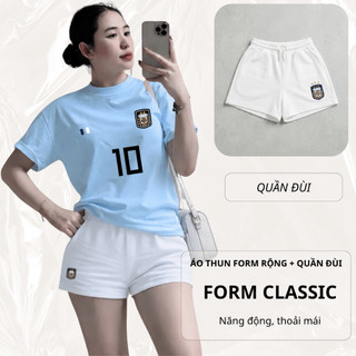 Bộ Áo Thun Nữ CHEPOL Form Rộng, Cổ Tròn, Phối Chân Váy, In Số 10, Chất Cotton(Áo Phông Xanh Biển+Quần Đùi Trắng)CP_22686